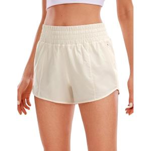 CRZ YOGA High Waisted Running Shorts for Women 2.5″ – Mesh Liner Quick Dry for Workout Sport Athletic with Zipper Pocket(White Apricot)