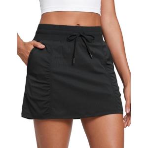 CRZ YOGA Lightweight Ruched Casual Skirts for Women – High Waisted Mini A Line Golf Drawstring Skort with Pockets(Black)