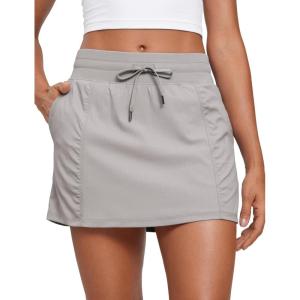 CRZ YOGA Lightweight Ruched Casual Skirts for Women – High Waisted Mini A Line Golf Drawstring Skort with Pockets(Dark Chrome)