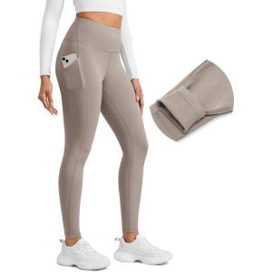 CRZ YOGA Matte Fleece Lined Athletic Leggings Pockets 28″ – Water Resistant Hiking Casual Workout Womens Thermal Pants(Creamy Latte)