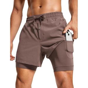 CRZ YOGA Mens 2 in 1 Long Liner Shorts 5″ – Lined Running Quick Dry for Workout Gym Basketball Athletic with Pockets(Brown Rock)