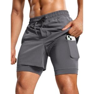 CRZ YOGA Mens 2 in 1 Long Liner Shorts 5″ – Lined Running Quick Dry for Workout Gym Basketball Athletic with Pockets(Dark Carbon)