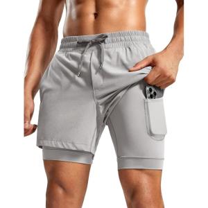 CRZ YOGA Mens 2 in 1 Long Liner Shorts 5″ – Lined Running Quick Dry for Workout Gym Basketball Athletic with Pockets(Dark Chrome)