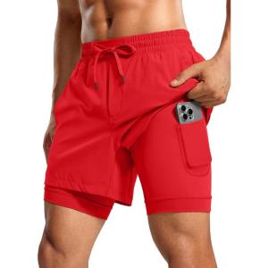 CRZ YOGA Mens 2 in 1 Long Liner Shorts 5″ – Lined Running Quick Dry for Workout Gym Basketball Athletic with Pockets(Deep Red)