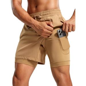 CRZ YOGA Mens 2 in 1 Long Liner Shorts 5″ – Lined Running Quick Dry for Workout Gym Basketball Athletic with Pockets(Khaki Sand)