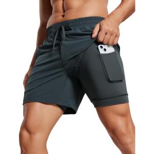 CRZ YOGA Mens 2 in 1 Running Shorts 5″ – Lined Workout Quick Dry for Workout Sports Athletic with Pockets(Melanite)