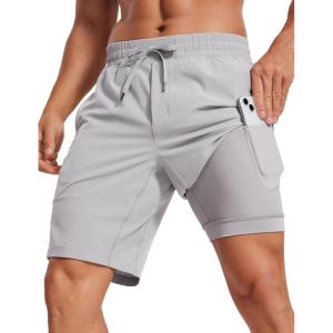 CRZ YOGA Mens 2 in 1 Running Shorts 9″ – Lined Quick Dry for Workout Gym Sports Basketball Athletic with Pockets(Gull Gray)