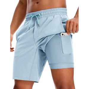 CRZ YOGA Mens 2 in 1 Running Shorts 9″ – Lined Quick Dry for Workout Gym Sports Basketball Athletic with Pockets(Light Grayish Blue)