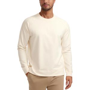 CRZ YOGA Mens Crewneck Sweatshirts French Terry Athletic Workout Sweat Shirts Casual Pullover Tops with Zipper Pocket(White Apricot)