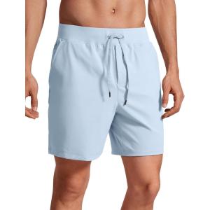 CRZ YOGA Men’s Four-Way Stretch Workout Shorts – 7” Soft Durable for Casual Athletic with Pockets(Chambray Blue)
