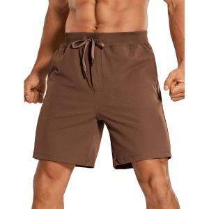 CRZ YOGA Men’s Four-Way Stretch Workout Shorts – 7” Soft Durable for Casual Athletic with Pockets(Dark Brown)