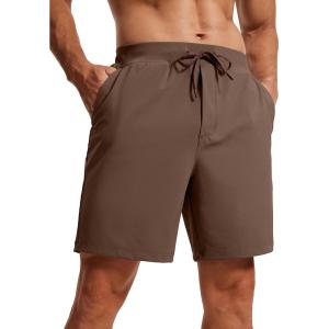 CRZ YOGA Men’s Four-Way Stretch Workout Shorts – 7” Soft Durable for Casual Athletic with Pockets(Dark Olive Brown)