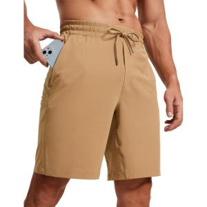 CRZ YOGA Men’s Linerless Workout Shorts 9” – Quick Dry for Running Sports Athletic Gym with Pockets(Khaki Sand)