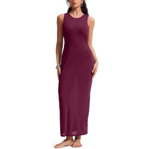 CRZ YOGA Mesh Maxi Cover Up Dress for Women – Sleeveless Swim Bathing Suit Beach Coverups with Back Slit(Fuchsia)