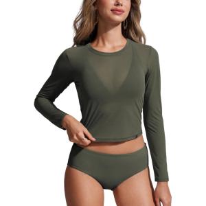 CRZ YOGA Mesh Pullover Crop Cover Ups for Women – High Neck Long Sleeve Swimsuit Bathing Bikini Coverups Tops(Dark Olive)