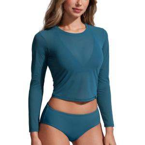 CRZ YOGA Mesh Pullover Crop Cover Ups for Women – High Neck Long Sleeve Swimsuit Bathing Bikini Coverups Tops(Sapphire Blue)