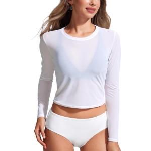CRZ YOGA Mesh Pullover Crop Cover Ups for Women – High Neck Long Sleeve Swimsuit Bathing Bikini Coverups Tops(White)