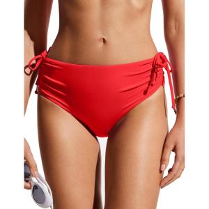 CRZ YOGA Mid Waisted Ruched Bikini Bottoms for Women – Full Coverage Bathing Swimsuit Adjustable Side Tie Swim Briefs(Deep Red)
