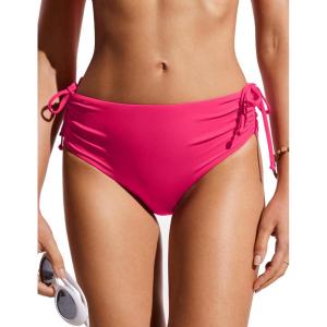 CRZ YOGA Mid Waisted Ruched Bikini Bottoms for Women – Full Coverage Bathing Swimsuit Adjustable Side Tie Swim Briefs(Granita Pink)