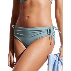 CRZ YOGA Mid Waisted Ruched Bikini Bottoms for Women – Full Coverage Bathing Swimsuit Adjustable Side Tie Swim Briefs(Light Grayish Blue)