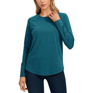 CRZ YOGA Pima Cotton Crewneck Long Sleeve Shirts for Women – Workout Athletic Yoga Casual Tops Soft Plain T-Shirt(Green Jade)