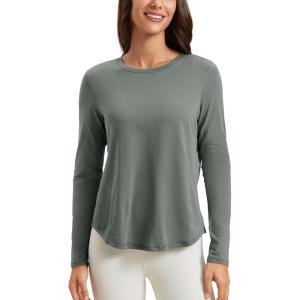 CRZ YOGA Pima Cotton Crewneck Long Sleeve Shirts for Women – Workout Athletic Yoga Casual Tops Soft Plain T-Shirt(Grey Sage)