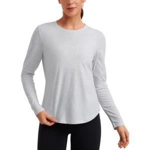 CRZ YOGA Pima Cotton Crewneck Long Sleeve Shirts for Women – Workout Athletic Yoga Casual Tops Soft Plain T-Shirt(Light Grey Heather)