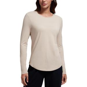 CRZ YOGA Pima Cotton Crewneck Long Sleeve Shirts for Women – Workout Athletic Yoga Casual Tops Soft Plain T-Shirt(Mojave Tan)