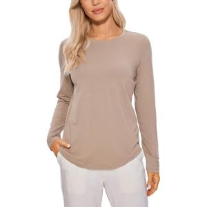 CRZ YOGA Pima Cotton Crewneck Long Sleeve Shirts for Women – Workout Athletic Yoga Casual Tops Soft Plain T-Shirt(Mortar Color)