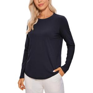 CRZ YOGA Pima Cotton Crewneck Long Sleeve Shirts for Women – Workout Athletic Yoga Casual Tops Soft Plain T-Shirt(Navy)
