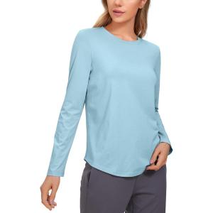 CRZ YOGA Pima Cotton Crewneck Long Sleeve Shirts for Women – Workout Athletic Yoga Casual Tops Soft Plain T-Shirt(Pure Blue)