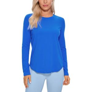 CRZ YOGA Pima Cotton Crewneck Long Sleeve Shirts for Women – Workout Athletic Yoga Casual Tops Soft Plain T-Shirt(Strong Blue)