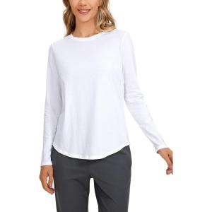 CRZ YOGA Pima Cotton Crewneck Long Sleeve Shirts for Women – Workout Athletic Yoga Casual Tops Soft Plain T-Shirt(White)
