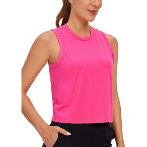 CRZ YOGA Pima Cotton High Neck Cropped Tank Tops for Women Soft Crop Workout Athletic Yoga Basic Sleeveless Shirts(Sonic Pink)