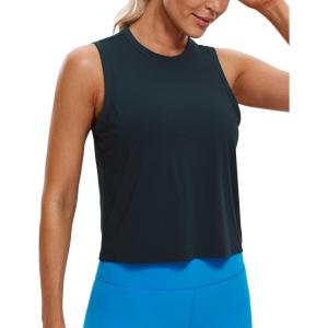CRZ YOGA Pima Cotton High Neck Cropped Tank Tops for Women Soft Crop Workout Athletic Yoga Basic Sleeveless Shirts(True Navy)