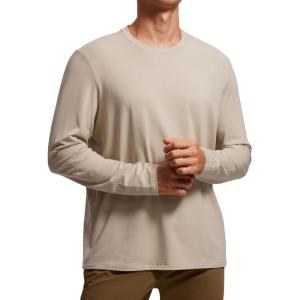 CRZ YOGA Pima Cotton Long Sleee Shirts for Men – Casual Crewneck T-Shirts Breathable Workout Daily Basic Tee Tops(Mojave Tan)