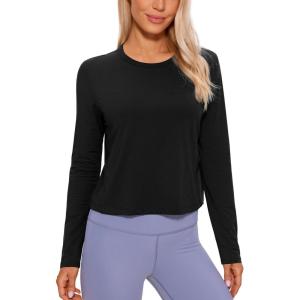 CRZ YOGA Pima Cotton Long Sleeve Workout Shirts for Women Loose Cropped Tops Athletic Sports T-Shirt(Black)