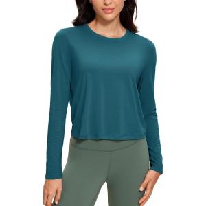 CRZ YOGA Pima Cotton Long Sleeve Workout Shirts for Women Loose Cropped Tops Athletic Sports T-Shirt(Borealis Green)