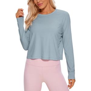 CRZ YOGA Pima Cotton Long Sleeve Workout Shirts for Women Loose Cropped Tops Athletic Sports T-Shirt(Cambric Blue)