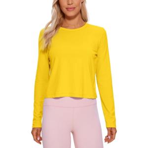CRZ YOGA Pima Cotton Long Sleeve Workout Shirts for Women Loose Cropped Tops Athletic Sports T-Shirt(High Visibility Yellow)