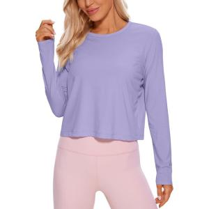 CRZ YOGA Pima Cotton Long Sleeve Workout Shirts for Women Loose Cropped Tops Athletic Sports T-Shirt(Lavender Gray)