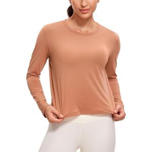 CRZ YOGA Pima Cotton Long Sleeve Workout Shirts for Women Loose Cropped Tops Athletic Sports T-Shirt(Mocha Mousse)