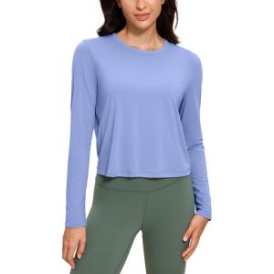 CRZ YOGA Pima Cotton Long Sleeve Workout Shirts for Women Loose Cropped Tops Athletic Sports T-Shirt(Periwinkle Purple)