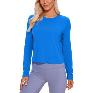 CRZ YOGA Pima Cotton Long Sleeve Workout Shirts for Women Loose Cropped Tops Athletic Sports T-Shirt(Sparkle Blue)