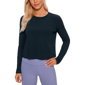 CRZ YOGA Pima Cotton Long Sleeve Workout Shirts for Women Loose Cropped Tops Athletic Sports T-Shirt(True Navy)