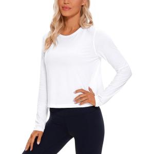 CRZ YOGA Pima Cotton Long Sleeve Workout Shirts for Women Loose Cropped Tops Athletic Sports T-Shirt(White)