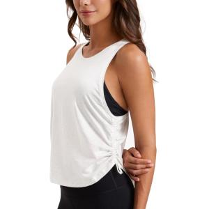 CRZ YOGA Pima Cotton Ruched Side Tank Tops for Women – Workout Athletic Casual Racerback Crewneck Loose Sleeveless Shirts(Ice Grey/White)