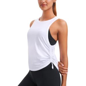CRZ YOGA Pima Cotton Ruched Side Tank Tops for Women – Workout Athletic Casual Racerback Crewneck Loose Sleeveless Shirts(White)
