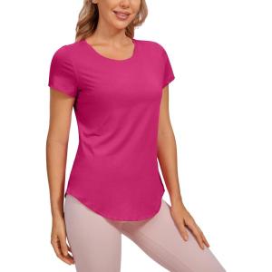 CRZ YOGA Pima Cotton Womens Short Sleeve Shirt Loose Casual Yoga T-Shirt Athletic Workout Tops(Sizzling Pink)