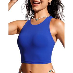 CRZ YOGA Racerback Bikini Tops for Women – Padded High Neck Modest Swim Sports Bathing Bra(Waves Blue)